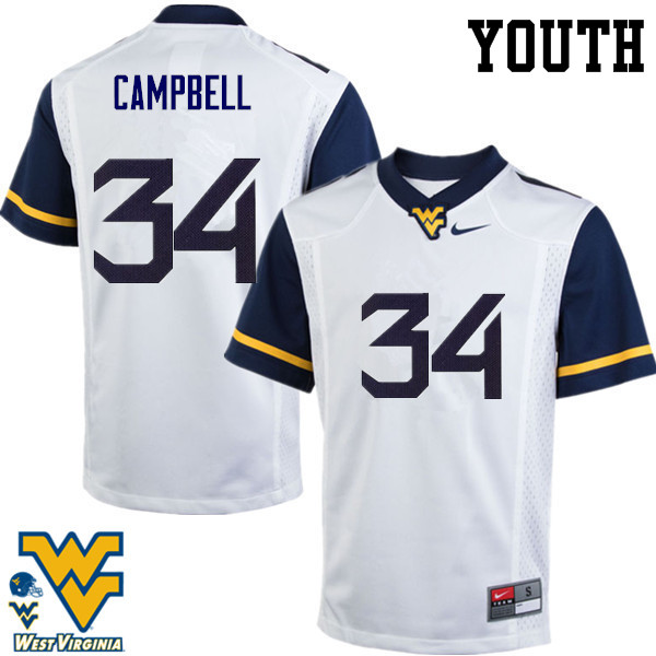 Youth #34 Shea Campbell West Virginia Mountaineers College Football Jerseys-White